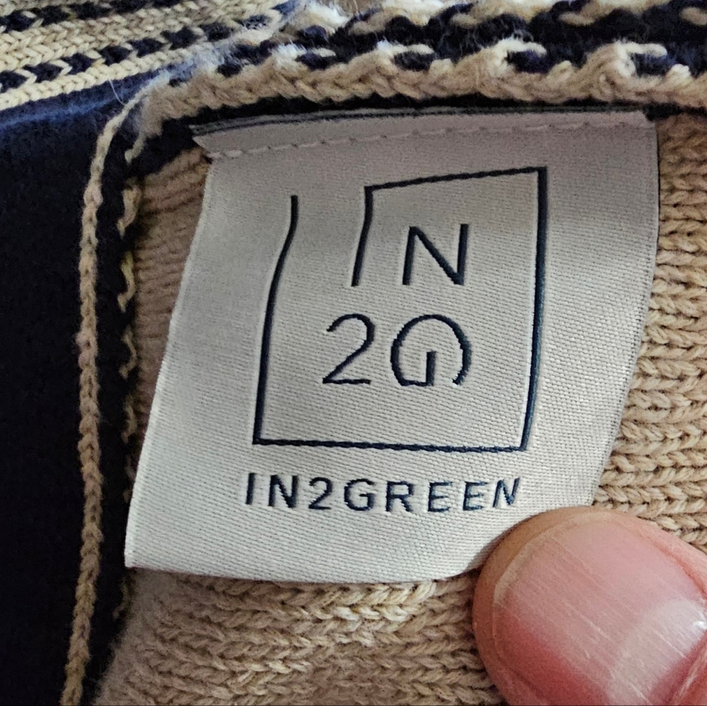 In2Green Womens Navy Tan Recycled Cotton Knit Poncho Belt Print Wrap Cape USA - Picture 4 of 8